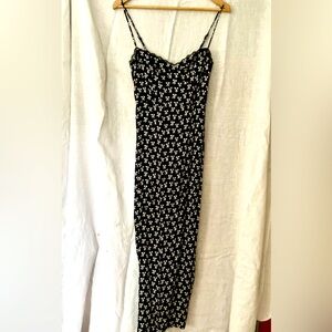 Reformation maxi slip dress black/white lace trim, bow print NWOT